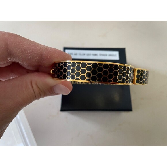 Halcyon Days Black Enamel/Yellow Gold Plated Hexagon Hinged Bangle Bracelet - Picture 7 of 8